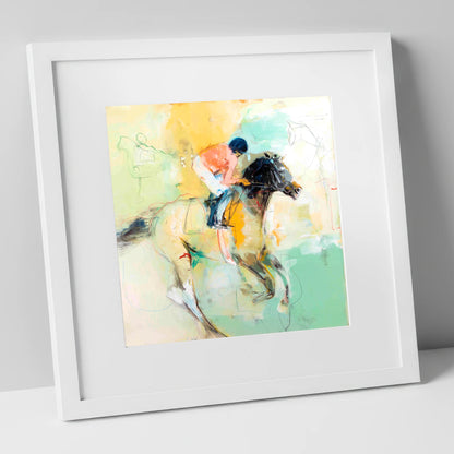 The Driving Finish racing horse art print in white frame