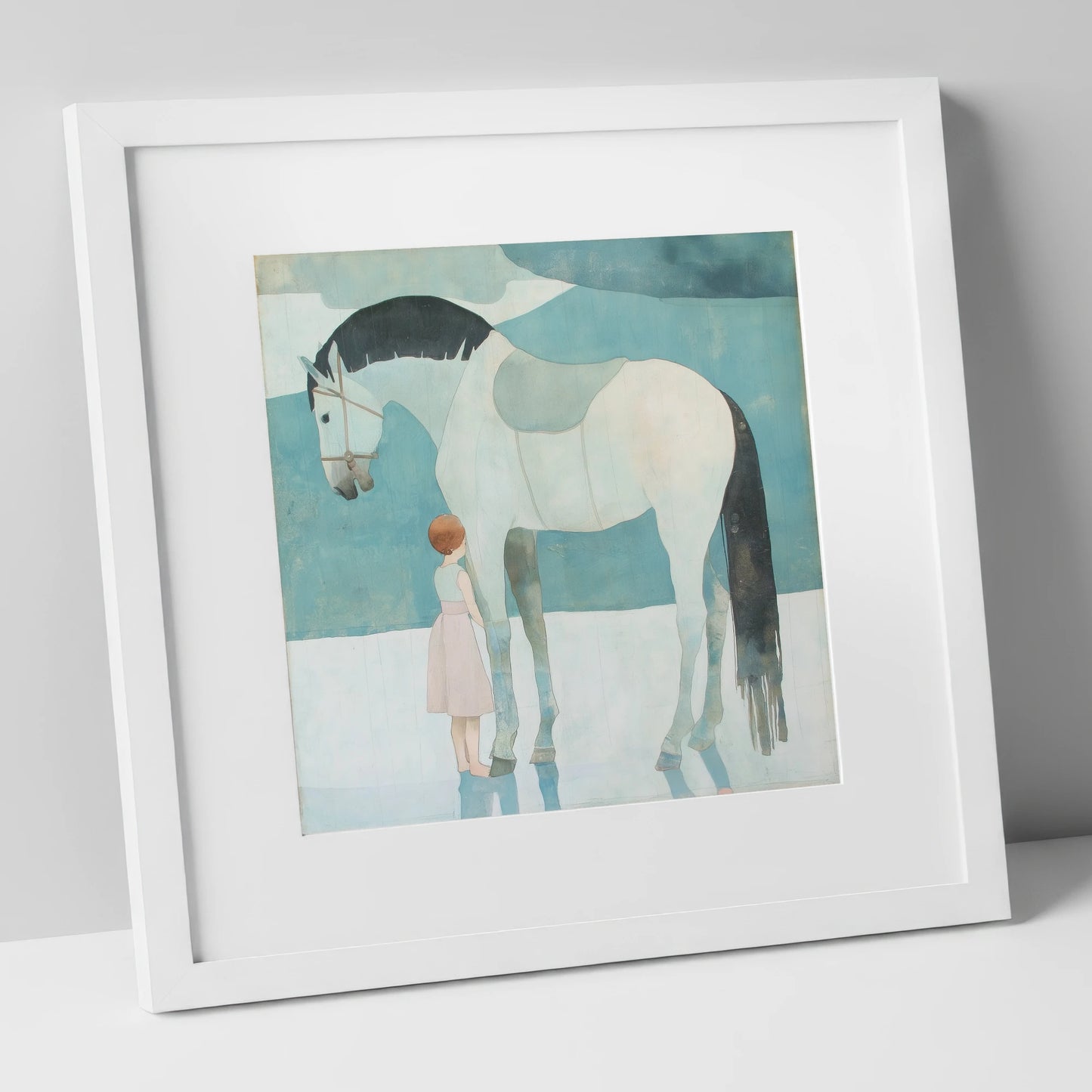Quiet Trust horse & rider art print in white frame
