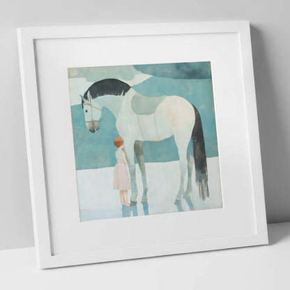 Quiet Trust horse & rider art print in white frame