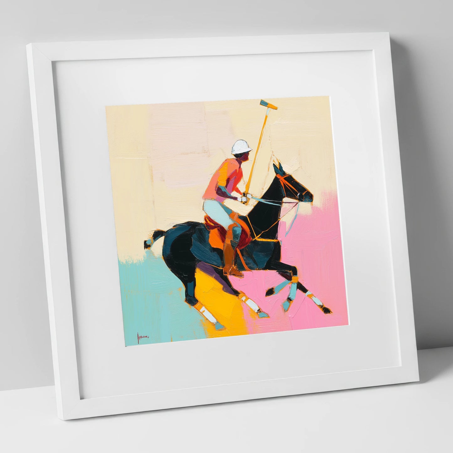 The Vibrant Chukka polo horse art print in white frame