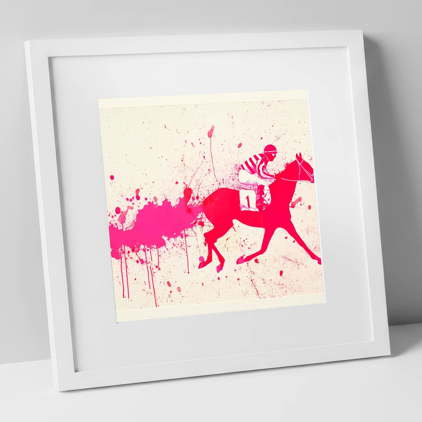 Magenta Racing Surge racing horse art print in white frame