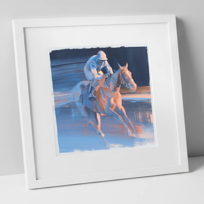Twilight Stretch racing horse art print in white frame