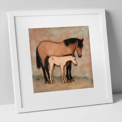 Timeless Bond mare & foal art print in white frame