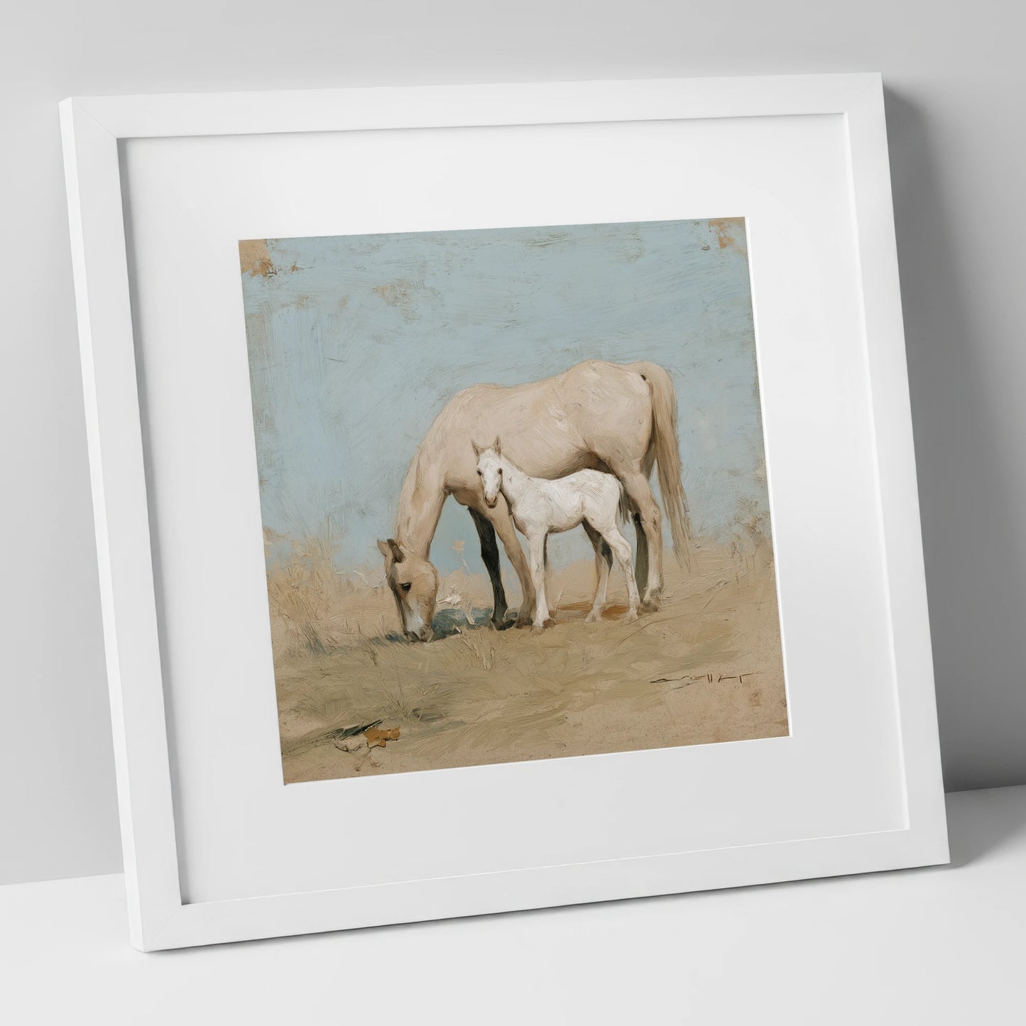 Chalk White Companions mare & foal art print in white frame