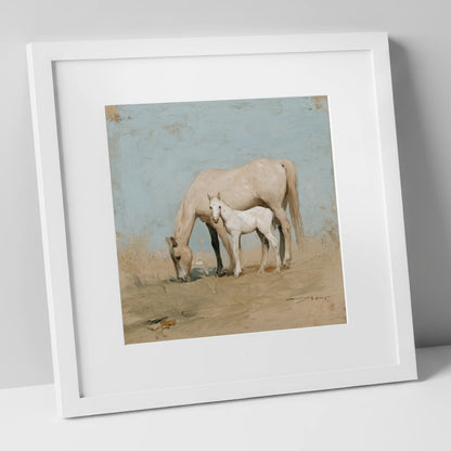 Chalk White Companions mare & foal art print in white frame