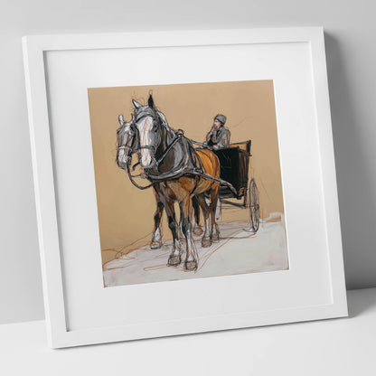 The Coachman's Team working horse art print in white frame