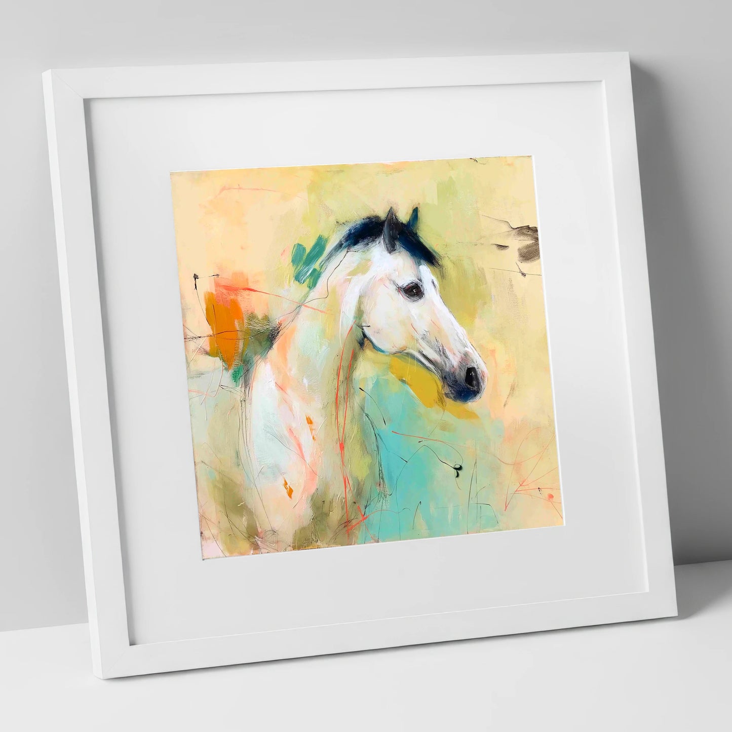 Gestural Grey Portrait horse portrait art print in white frame