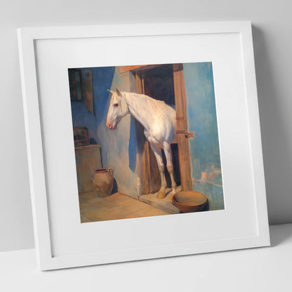 The Blue Stable Door horse stable art print in white frame