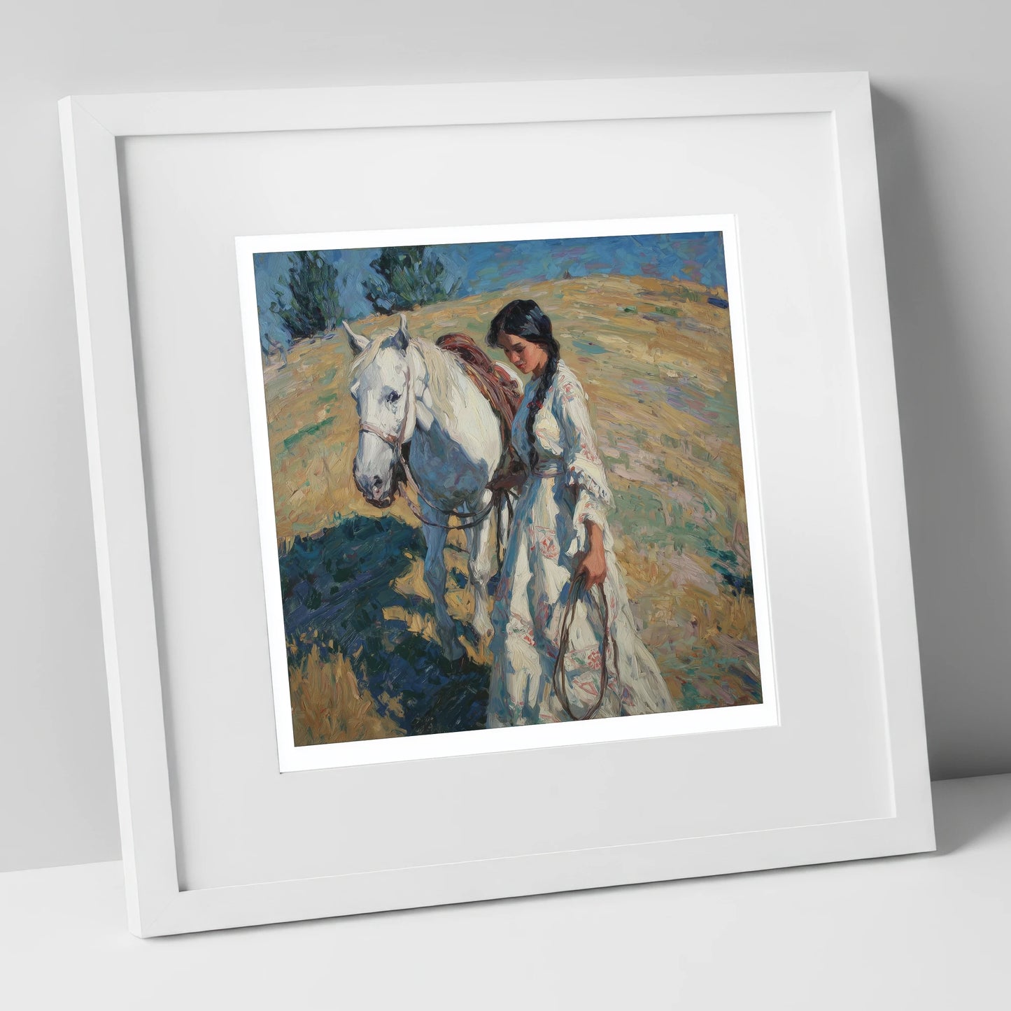 Sunlit Summer Stroll horse & rider art print in white frame