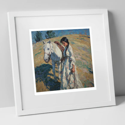 Sunlit Summer Stroll horse & rider art print in white frame