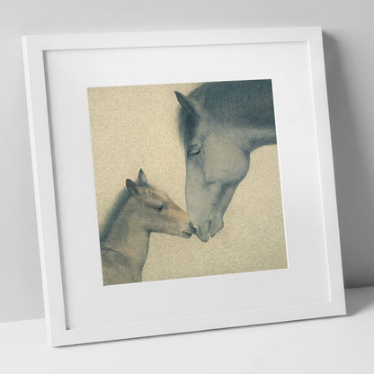 Quiet Devotion mare & foal art print in white frame