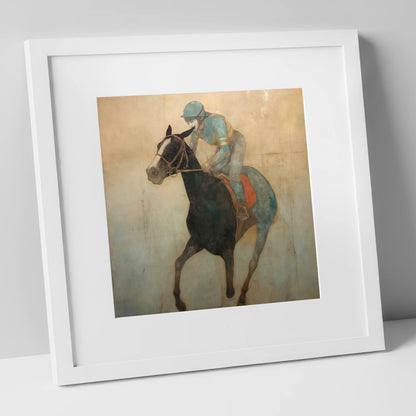 Teal Silk Canter racing horse art print in white frame
