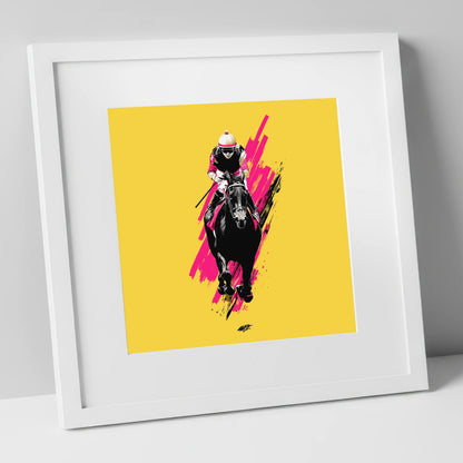 The Front Runner racing horse art print in white frame