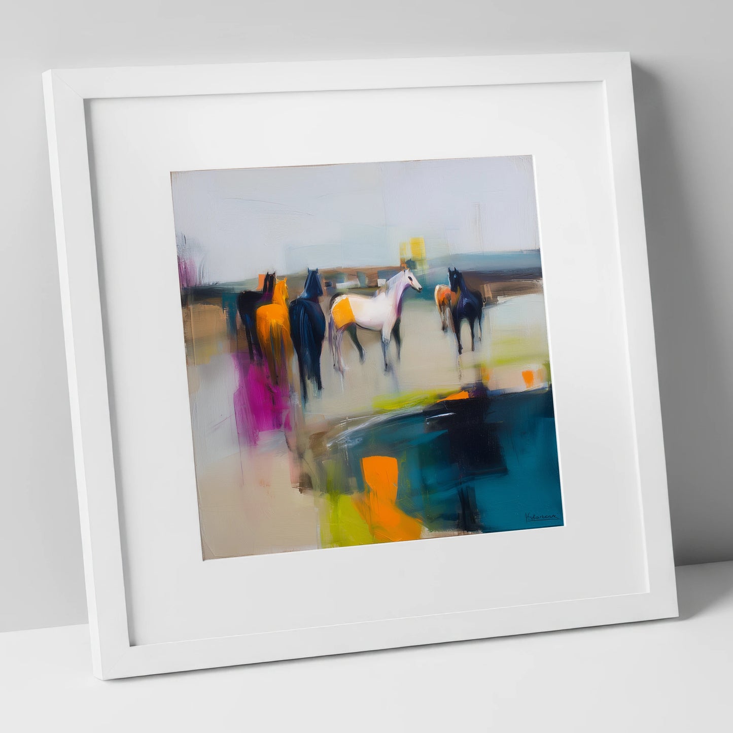 Vivid Horizon Herd horse landscape art print in white frame