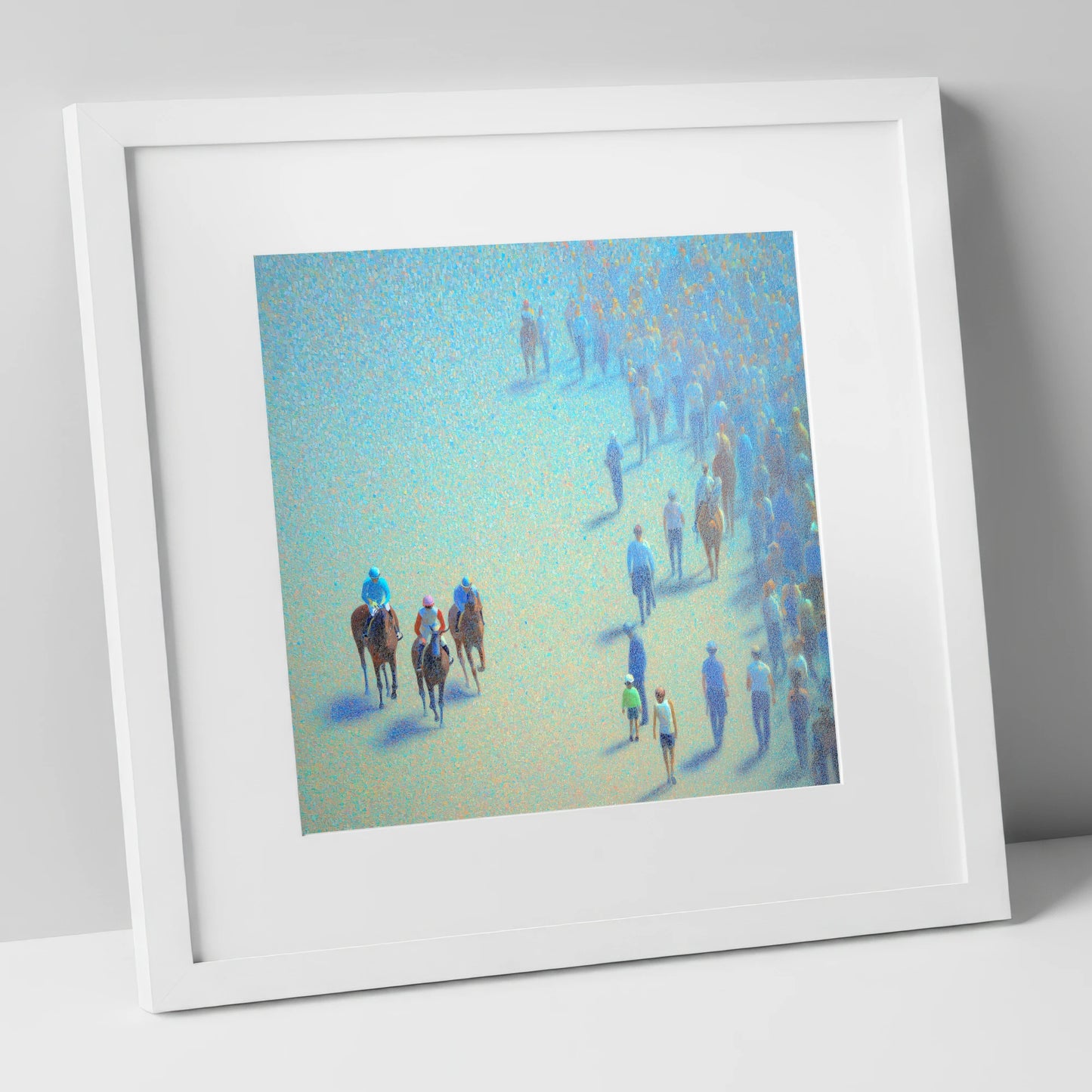 Turquoise Racing Haze racing horse art print in white frame