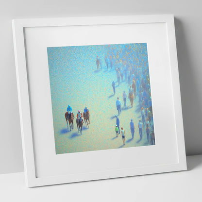 Turquoise Racing Haze racing horse art print in white frame
