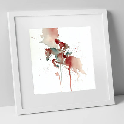 Crimson Flight show jumping horse art print in white frame
