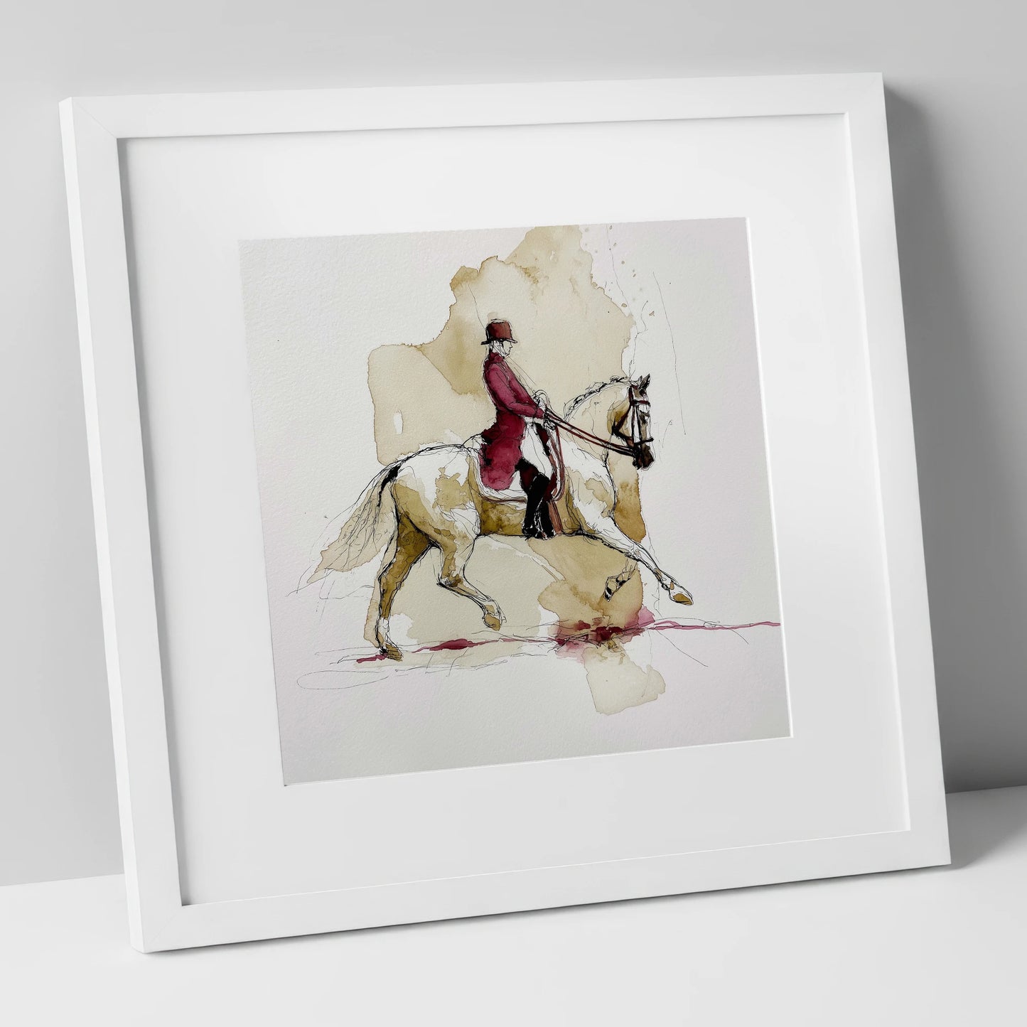 The Crimson Tailcoat dressage horse art print in white frame