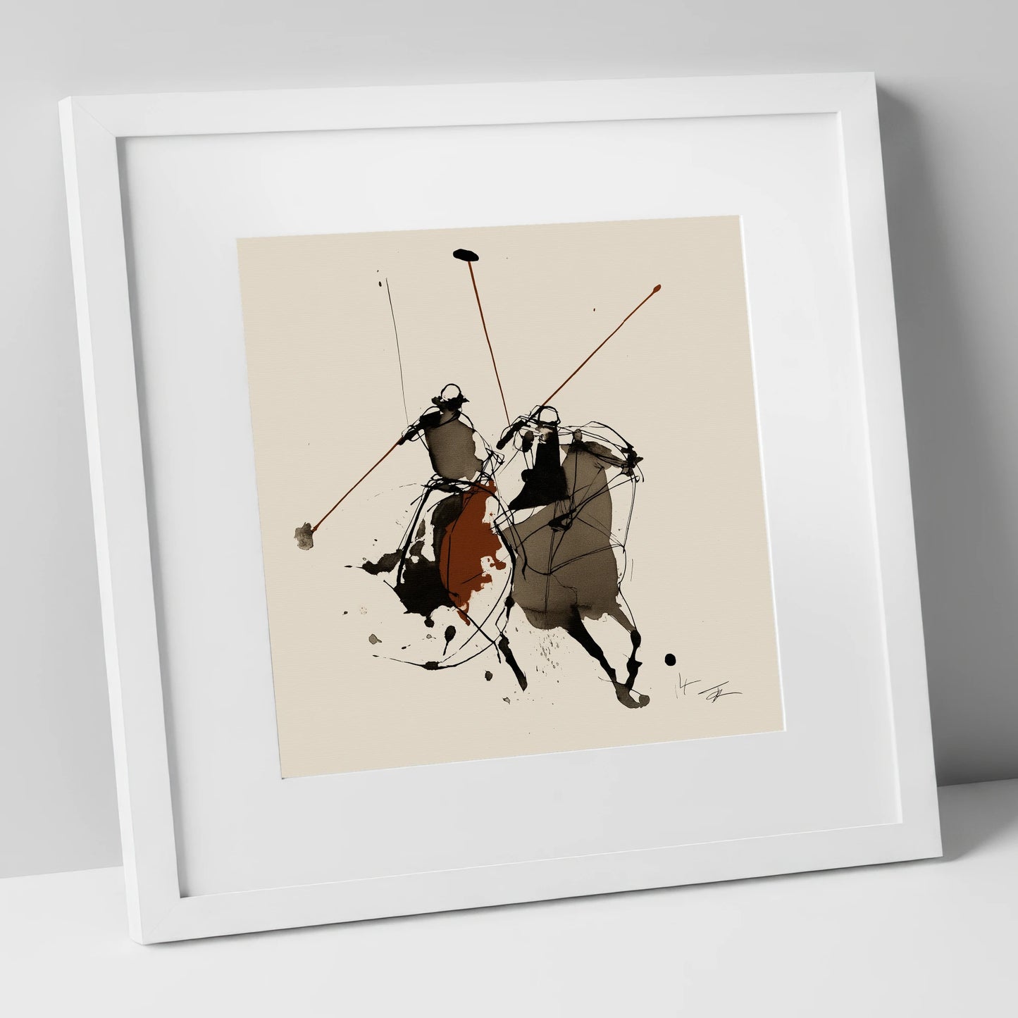 The Ride-Off polo horse art print in white frame
