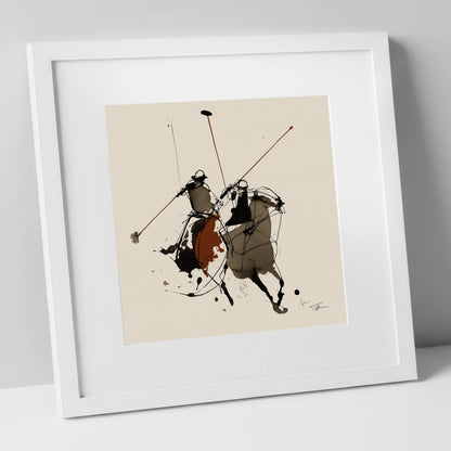 The Ride-Off polo horse art print in white frame