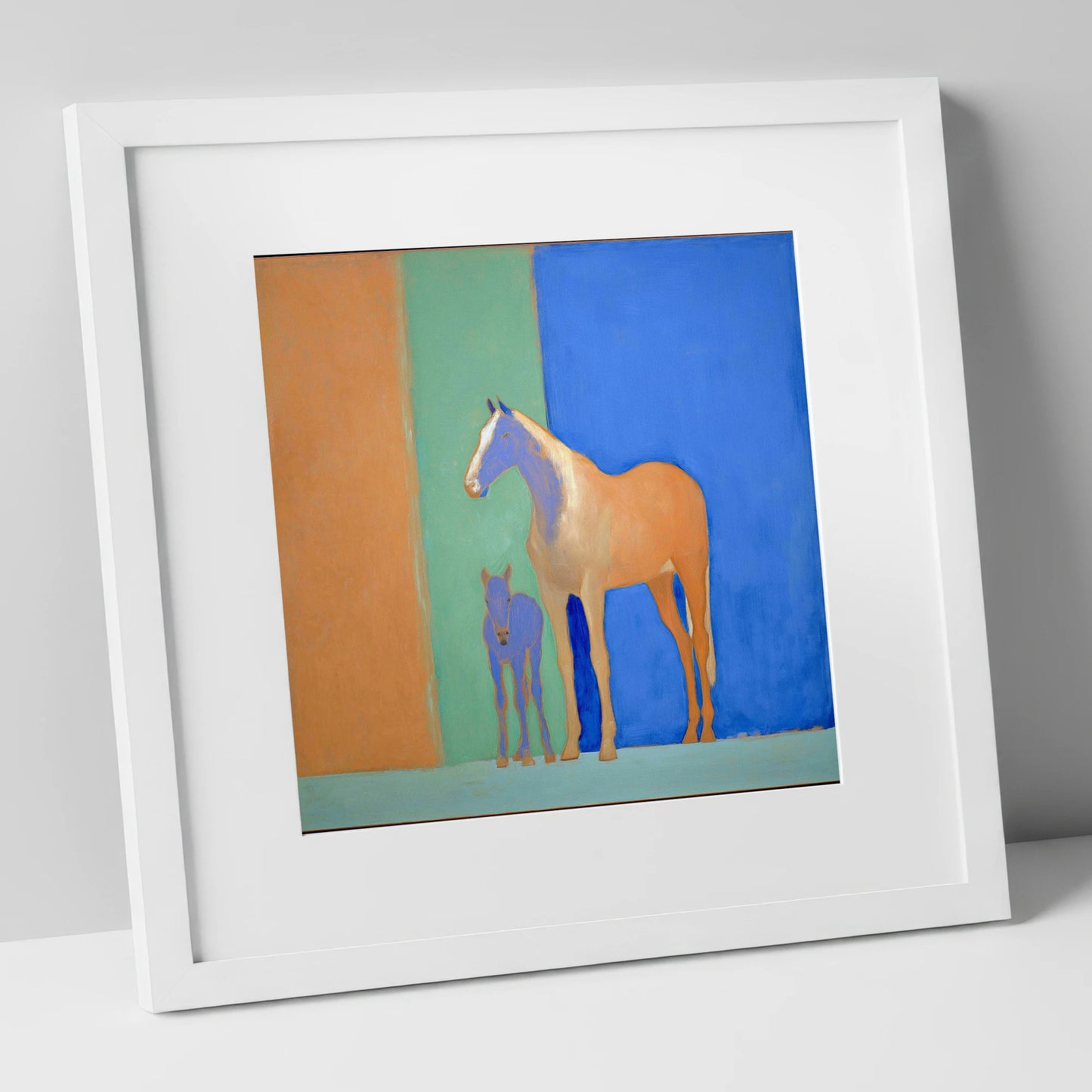 Cobalt and Sand mare & foal art print in white frame