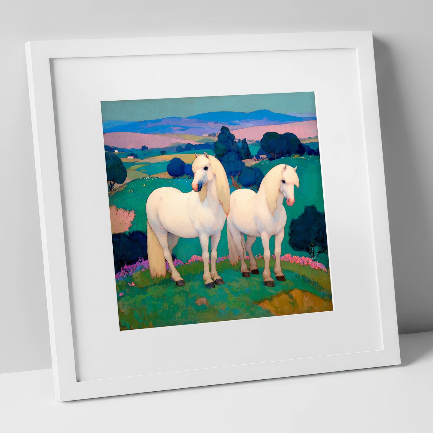 Pastel Horizons horse landscape art print in white frame