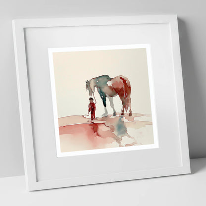 A Bond Beyond Words horse & rider art print in white frame