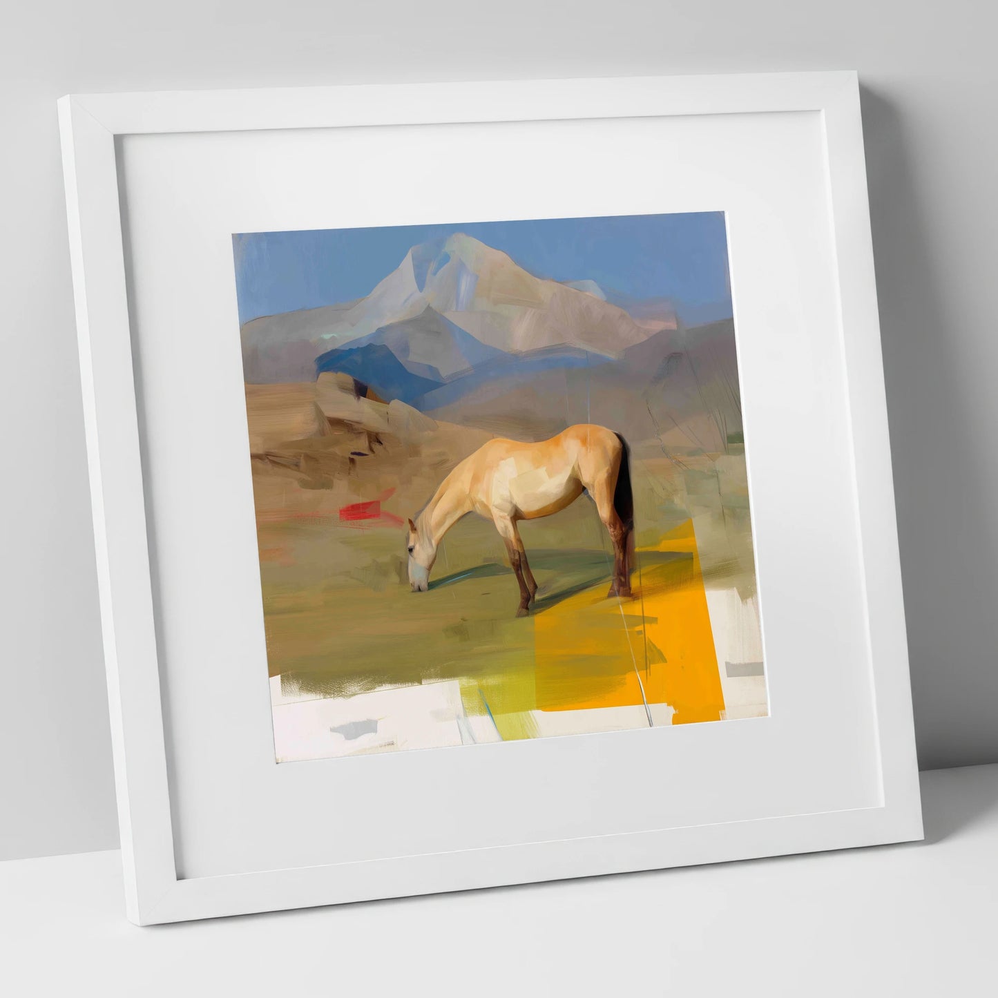 Golden Mountain Pasture horse landscape art print in white frame