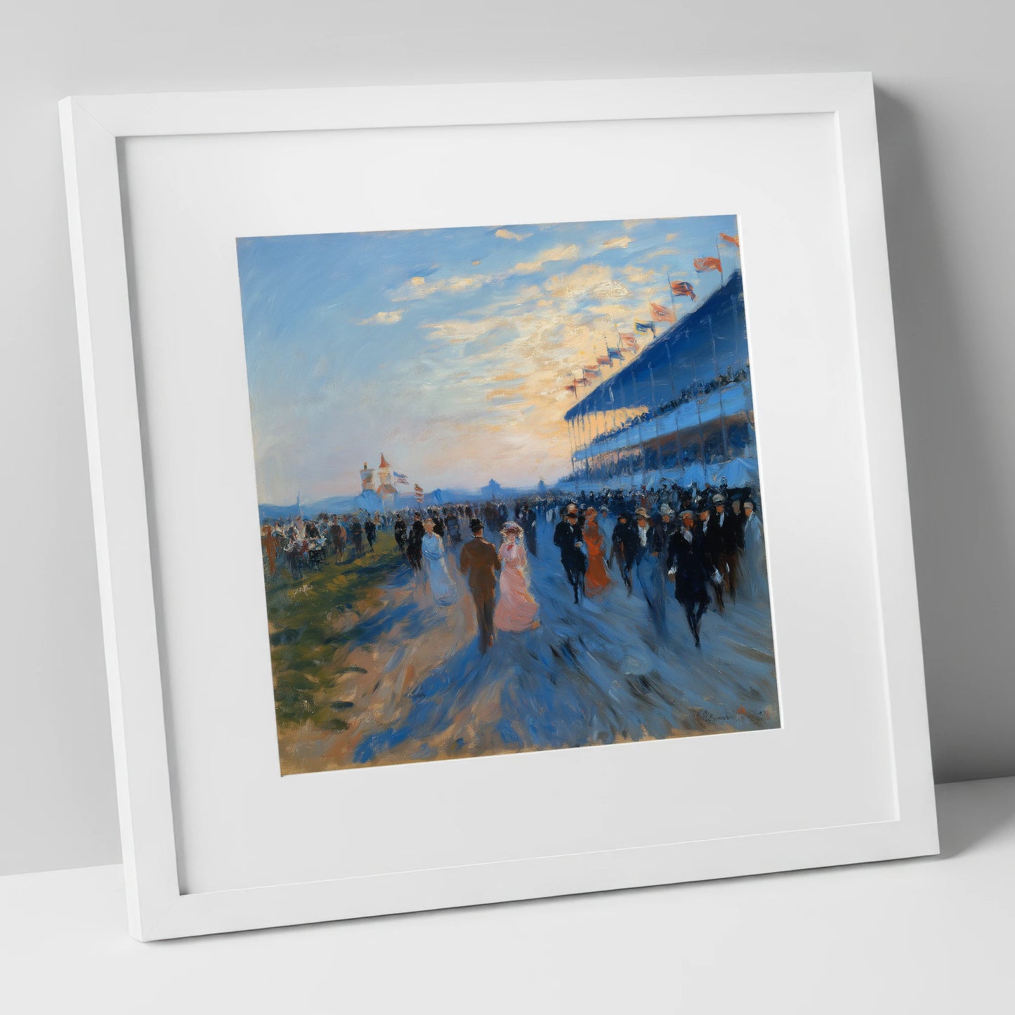 Evening at the Races racing horse art print in white frame