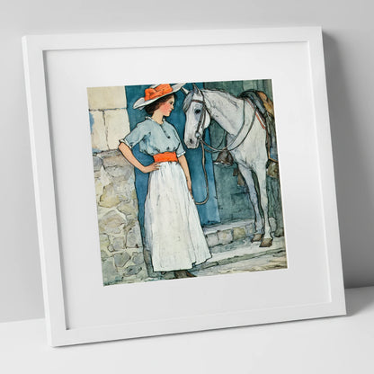 A Patient Companion horse & rider art print in white frame