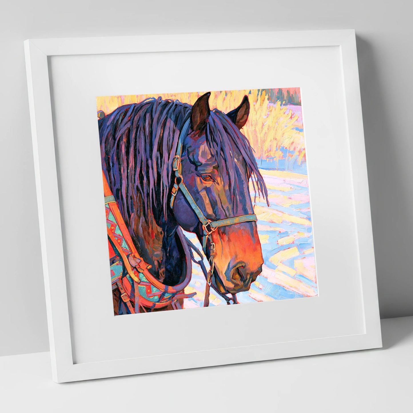 Vibrant Heavy Horse In Winter Light horse breed art print in white frame