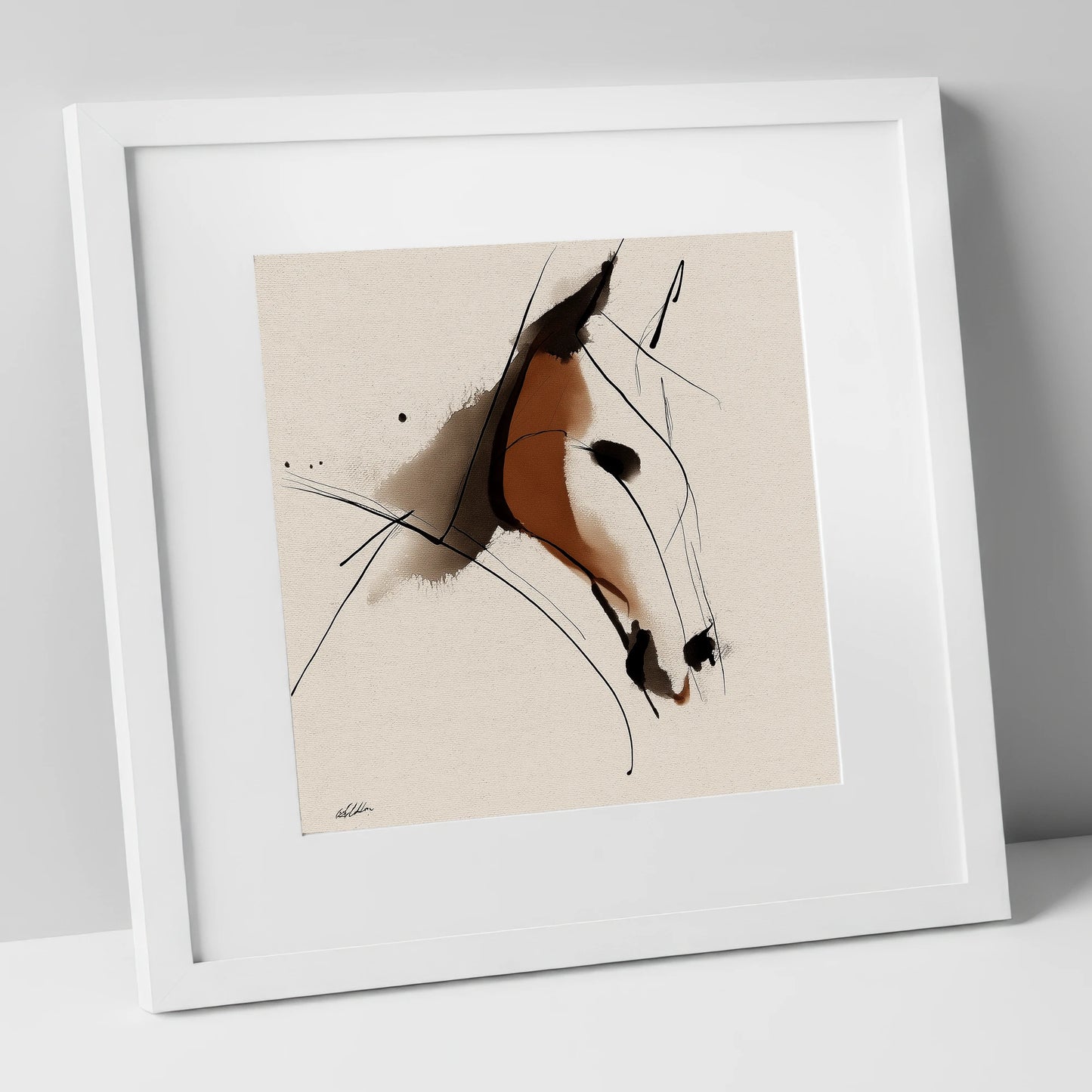 Abstract Sienna Profile horse portrait art print in white frame