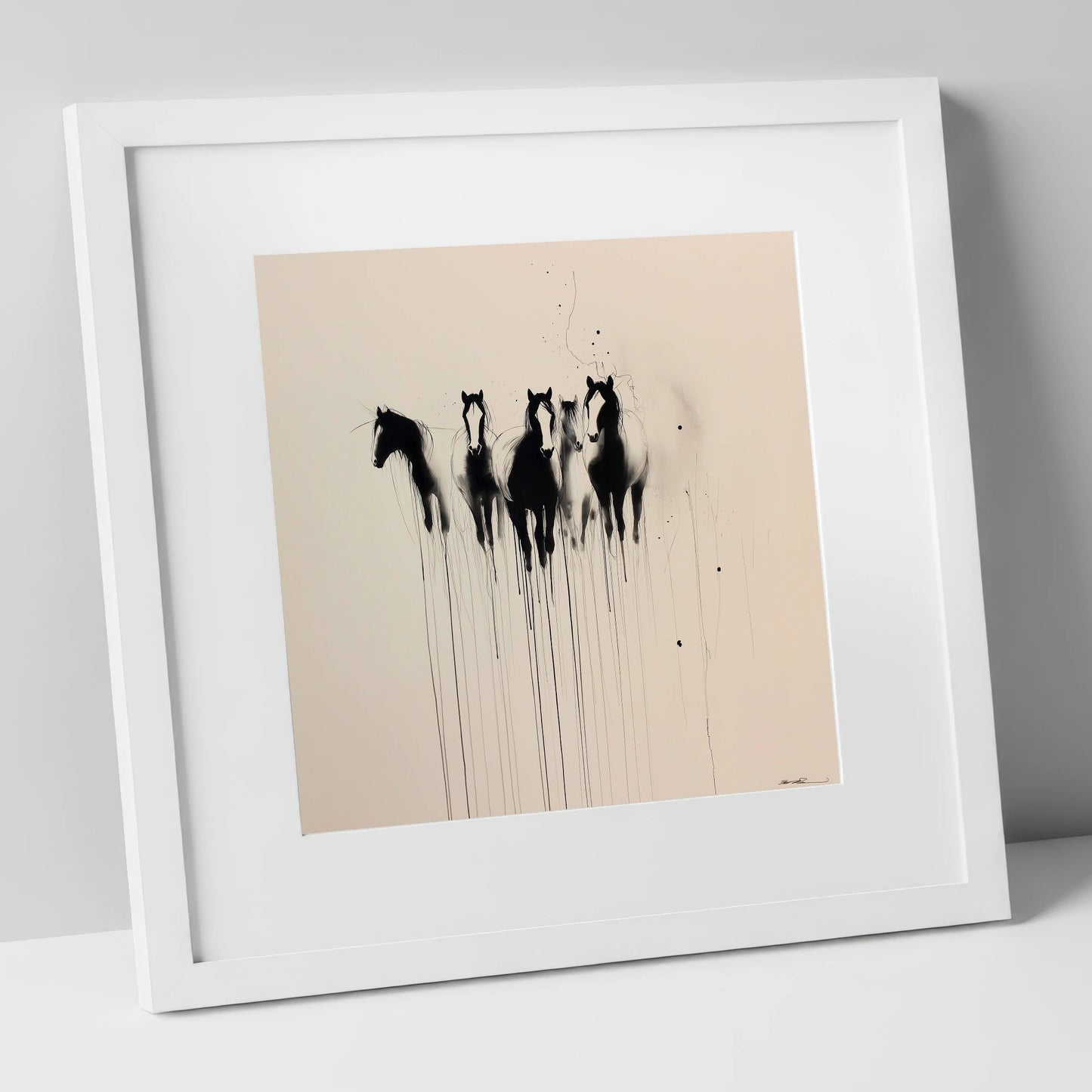 The Silent Herd wild horses art print in white frame