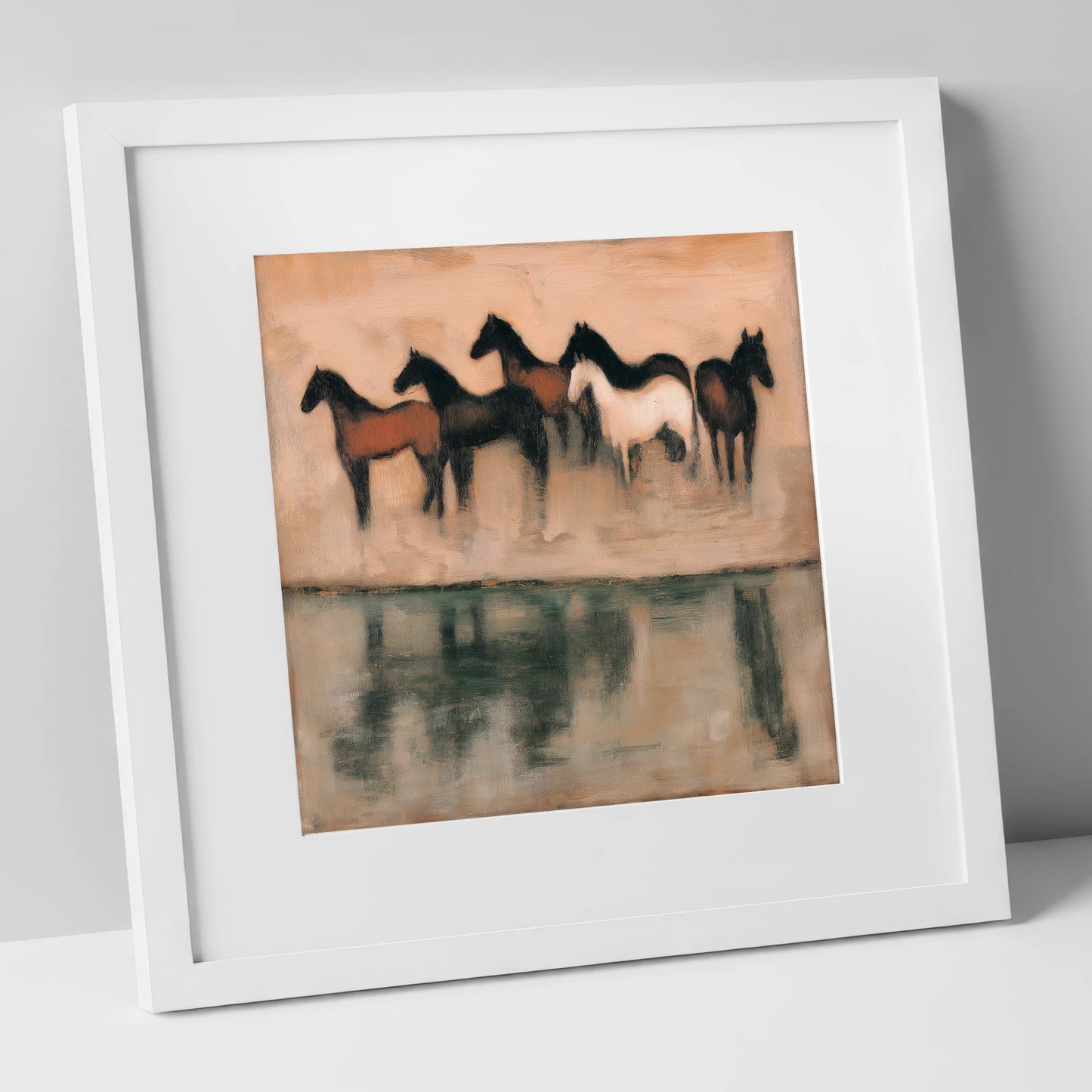 The Quiet Shallows wild horses art print in white frame