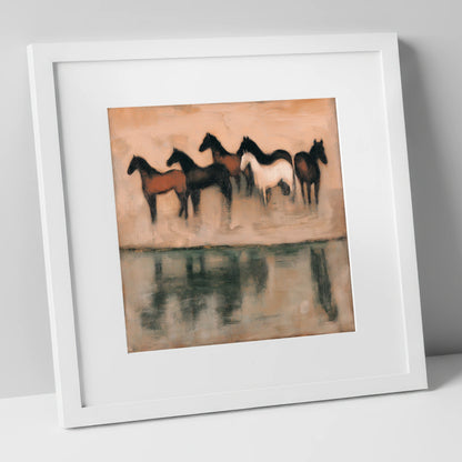 The Quiet Shallows wild horses art print in white frame