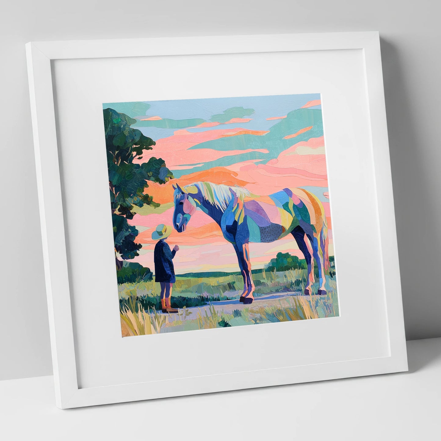 Vivid Connection horse & rider art print in white frame