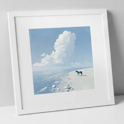 Solitary Coastal Watch horse landscape art print in white frame