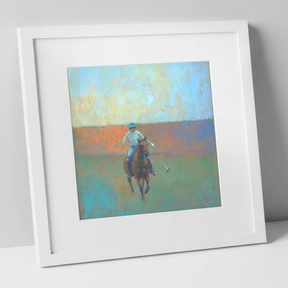 The Midfield Approach polo horse art print in white frame
