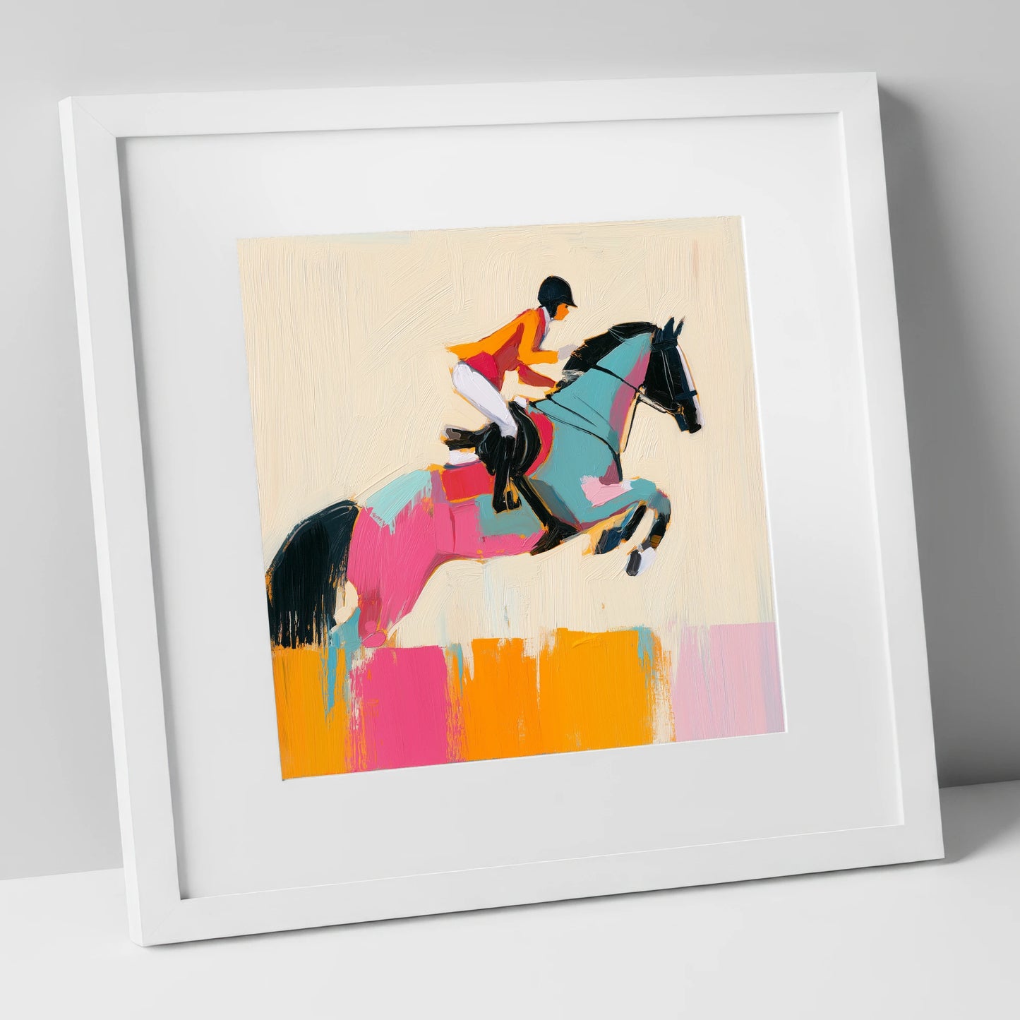 Technicolour Flight show jumping horse art print in white frame