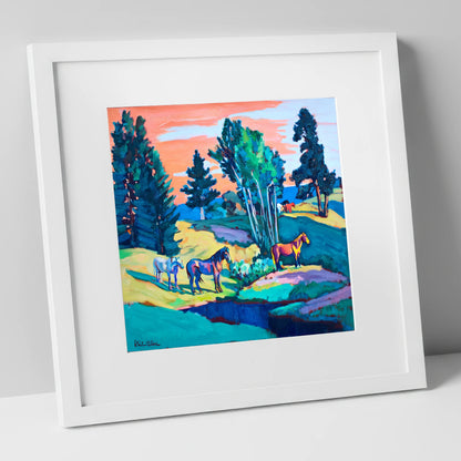 Vibrant Summer Pastures horse landscape art print in white frame