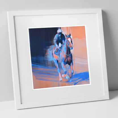 Shadows on the Track racing horse art print in white frame