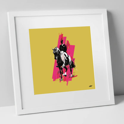 Bold Dressage Rhythm dressage horse art print in white frame