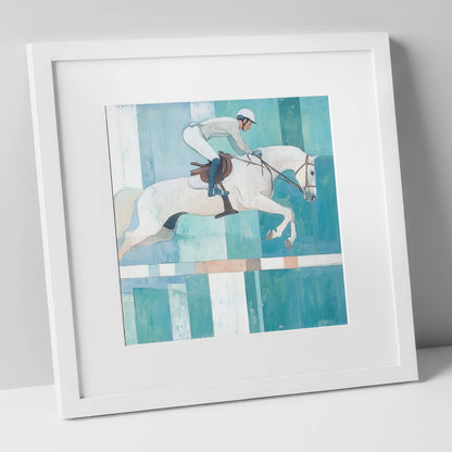 Aquamarine Ascent show jumping horse art print in white frame