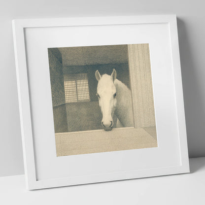 Quiet Contemplation horse stable art print in white frame