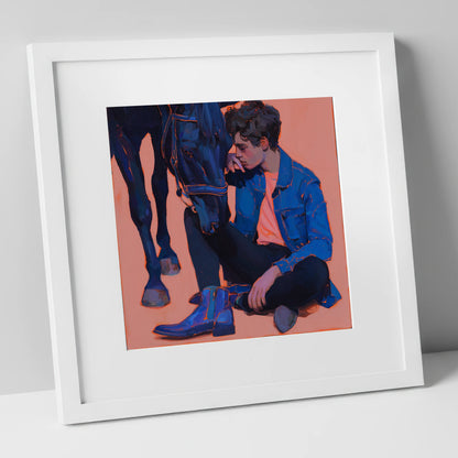 The Indigo Bond horse & rider art print in white frame