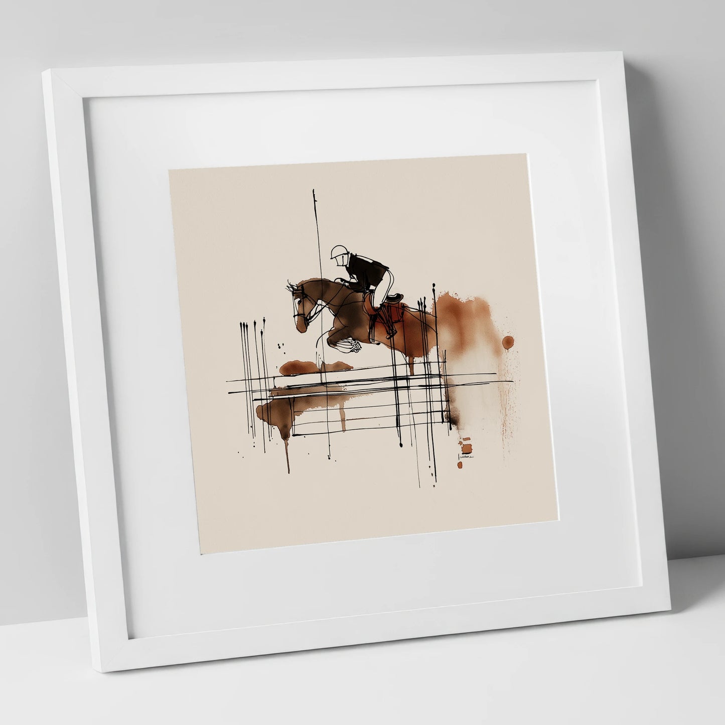 Fluidity in Flight show jumping horse art print in white frame