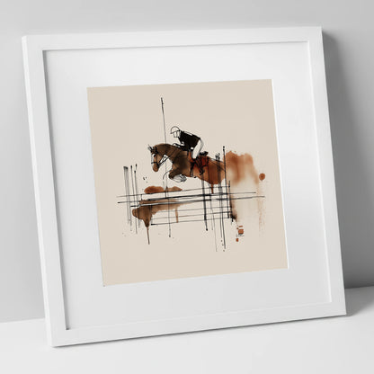 Fluidity in Flight show jumping horse art print in white frame