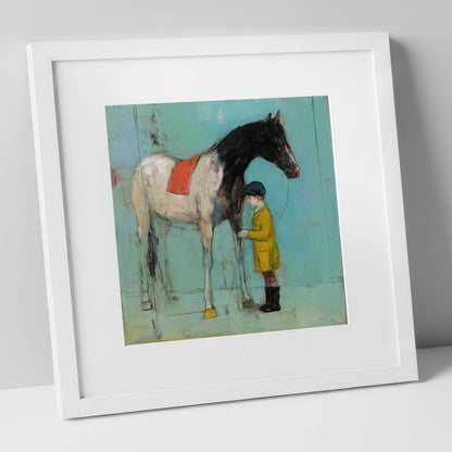 A Quiet Understanding horse & rider art print in white frame