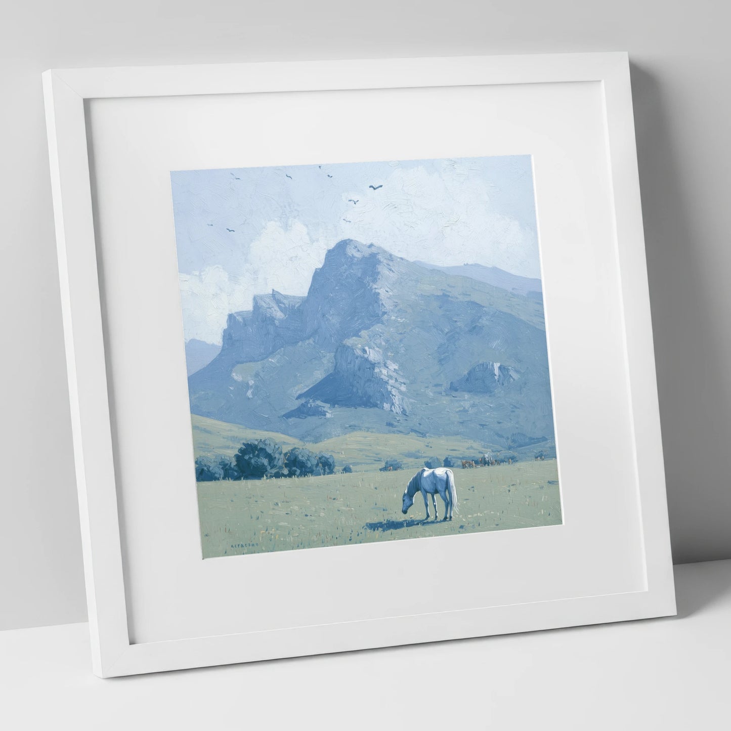 Solitude Beneath the Peak horse landscape art print in white frame