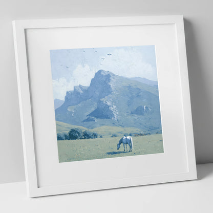 Solitude Beneath the Peak horse landscape art print in white frame